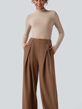 Halara Brown High Waisted Wide Leg Work Pants Pleated Pockets Size S Regular NWT